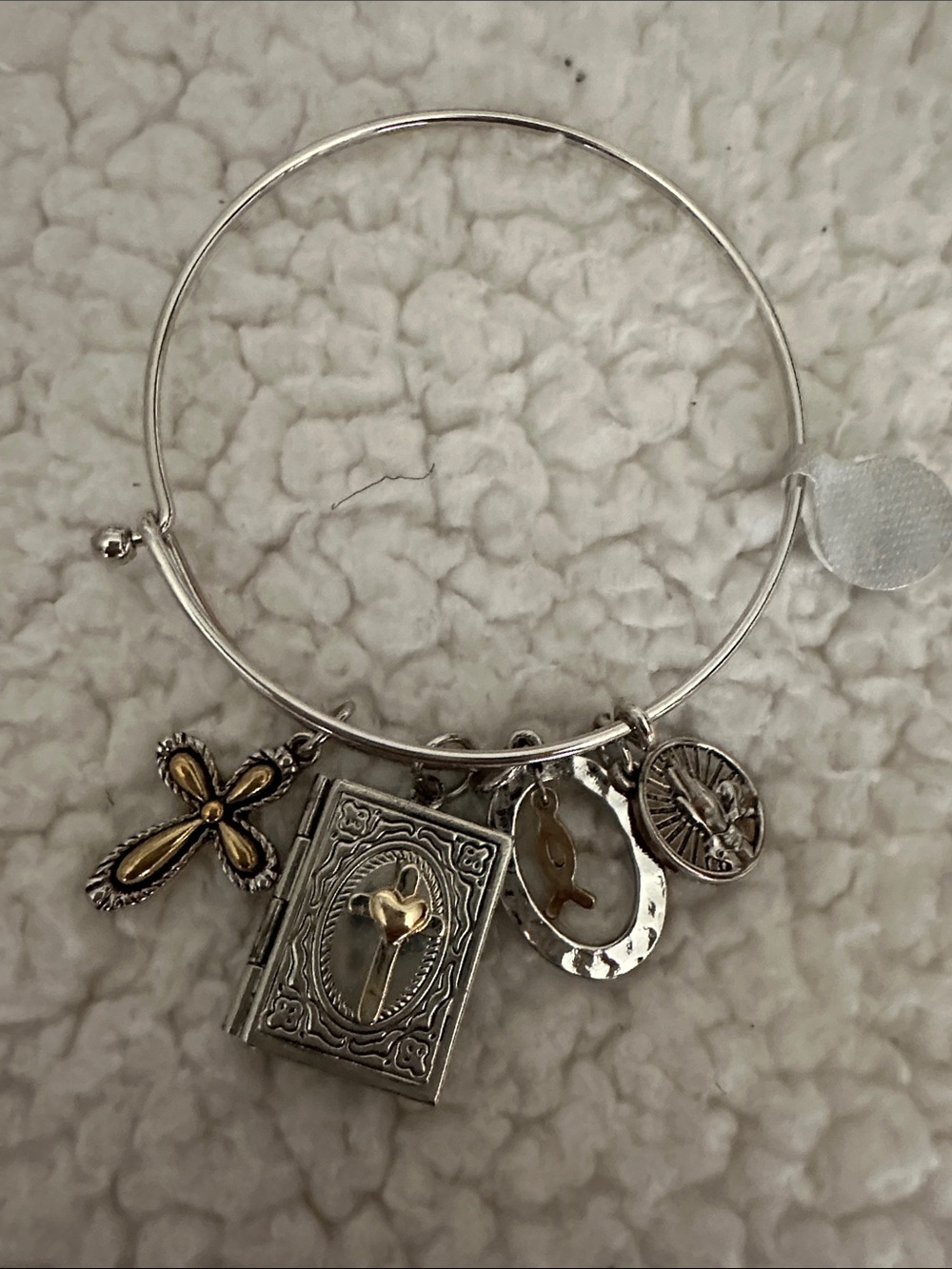 Silver-Tone Religious Charm Bangle Bracelet with Cross and Book Charms